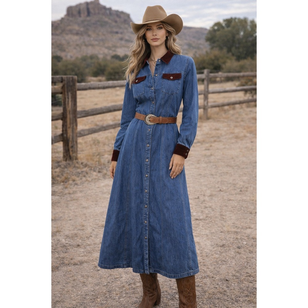 Vintage 80s Denim Maxi Dress Womens S Velvet Trim Western Prairie Boho